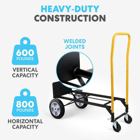 Side view of ✝️ 2 in 1 Convertible Hand Truck and Dolly, 800LBS with welded joints and rubber wheels, showing 600 lbs vertical and 800 lbs horizontal capacity.