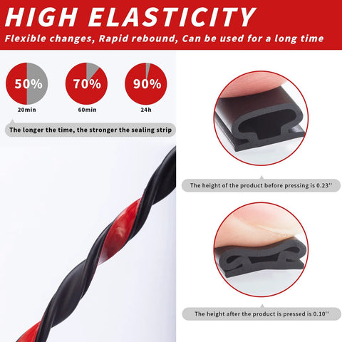Door weatherstripping seal, 50 ft D-shaped black rubber with self-adhesive backing for large gaps, easy cut to size.