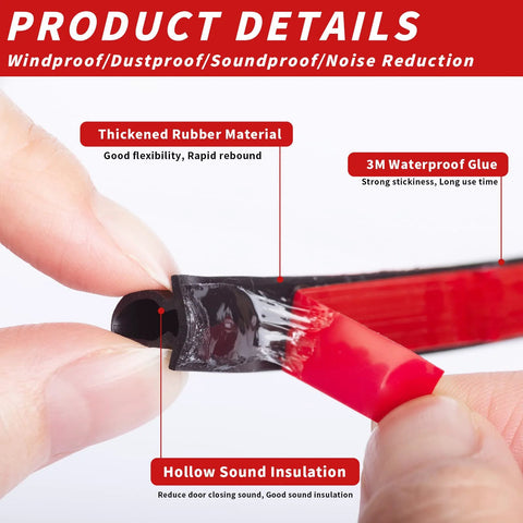 D-shaped black rubber weather stripping with self-adhesive backing; hand peeling red protective film for door frame insulation.