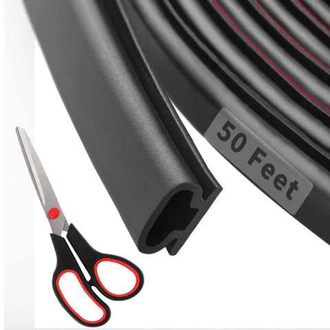 D-shaped rubber door weather stripping roll, 50 ft, black with self-adhesive backing and a pair of scissors