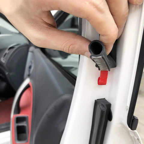 Person installing Heavy Duty D Shape Weather Stripping Three Eighths Inch By One Quarter Inch Rubber Seal Self Adhesive 10 Feet for automotive use.