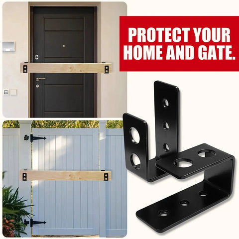 Heavy Duty 2x4 Door Barricade Brackets Set For Indoor Outdoor Use 700 Lbs Of Force Easy Install In Minutes Rust Proof Iron U Brackets 4pcs Per Pack Gate Bar Holder For Secure Home Entry And Exterior Doors shown installed on doors