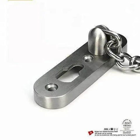 Close-up of the Extra Thick Door Chain Lock with 3mm SUS304 Stainless Steel Die Cast, brushed nickel finish, showcasing attachment points.