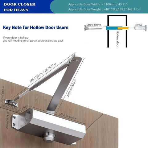 Heavy Duty Automatic Door Closer With Smooth Soft Close And No Slam Hydraulic Mechanism Rust Resistant Aluminum Easy DIY Install Fits 88 To 143 Pound Doors And 23 To 43 Inch Openings Ideal For Home And Commercial Use mounted on wooden door with dimensions and hollow door note.