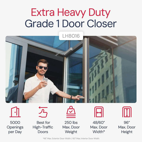 Extra Heavy Duty Door Closer For Commercial Doors With Adjustable 6 Speed Delayed Action 3 Pistons LH8016 in use on glass door