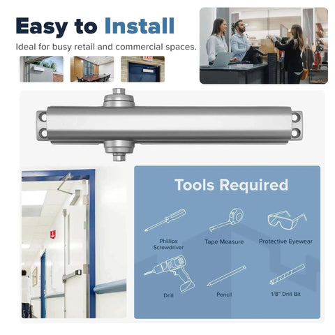 Heavy Duty Adjustable Grade 1 Door Closer, aluminum finish, easy to install for high traffic commercial uses, tools required shown.