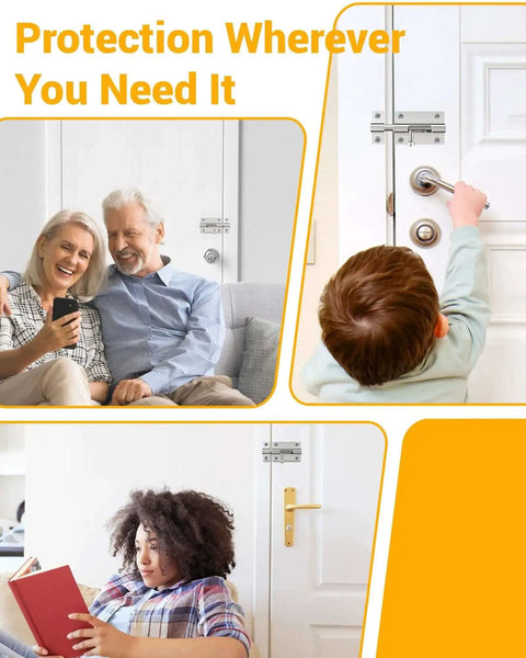 Beefy Heavy Duty Door Slide Latch Lock Kit With Twelve Screws Two Pack Keyless Entry shown on interior doors with family at home