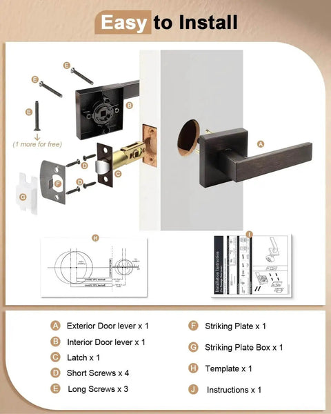 Assembly diagram of Beefy Heavy Duty Door Levers Set with Modern Square Design, Oil Rubbed Bronze finish, non-locking, for interior doors.
