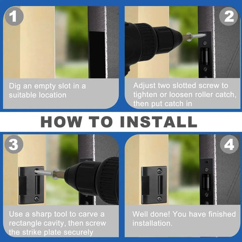 Installation guide for 2 Pack Heavy Duty Door Roller Catch With Strike Plate, Silent Drive In Ball Catch, showing drilling and screwing steps.