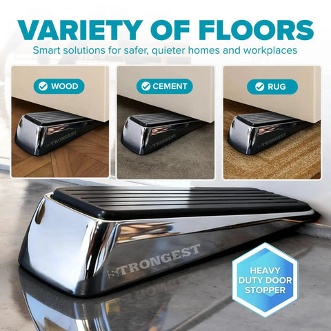 Heavy Duty Door Stopper Wedge Set Chrome Metal Non Slip Rubber Door Stops for Heavy Doors Works on Wood Tile Carpet shown on floors