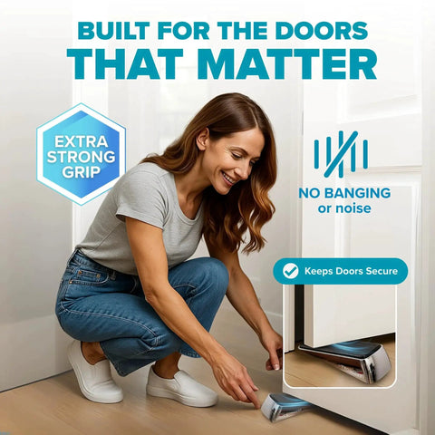 Woman using Heavy Duty Door Stopper Wedge Set Chrome Metal Non Slip Rubber Door Stops for Heavy Doors Works on Wood Tile Carpet