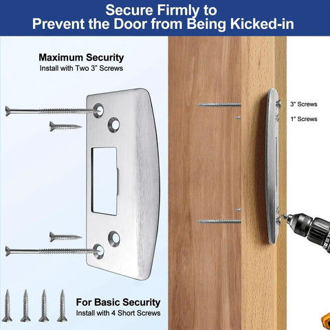 Heavy duty oversized door strike plate with 2mm hardened steel and an enlarged strike hole installed on a wooden door