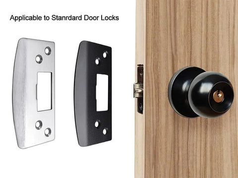 Heavy duty oversized door strike plate with 2mm hardened steel and an enlarged strike hole alongside wooden door with lock