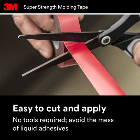 Cutting Heavy-Duty Automotive Molding Tape 7/8 Inch Wide By 15 Feet with scissors, showcasing easy application, 1 Roll.