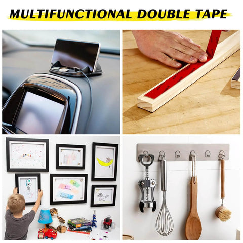 Collage showcasing uses of Heavy Duty Double Sided Tape With Acrylic Foam Mounting Tape in car, framing, and hanging tools.