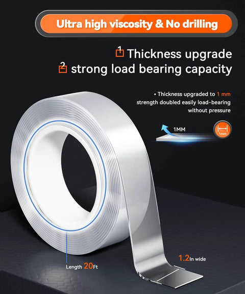 Heavy Duty Double Sided Tape Nano Tape 1.2 Inch By 20 Feet Extra Large Clear And Tough Removable Mount For Walls Posters Decor Rugs And More Ultra Strong Adhesive For Indoor Use, showing roll with labels for thickness and length.