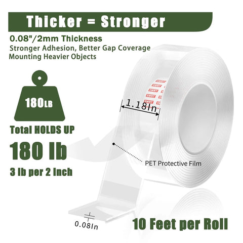 Heavy Duty Double Sided Tape For Walls Mounting Removable Clear Adhesive Strips One Point One Eight Inch By One Hundred Twenty Inch Nano Tech Acrylic Gel No Nails No Drill For Pictures Posters Decor And Rug Carpet roll with dimensions and load capacity shown.