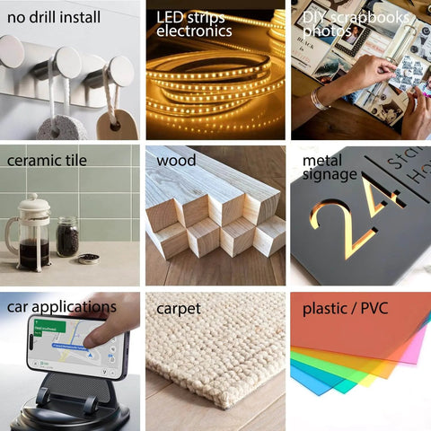 Heavy Duty Clear Double Sided Tape 2 In By 36 Ft Industrial Grade Adhesive info graphic with various application images.