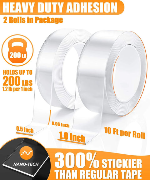Heavy Duty Double Sided Tape Two Rolls Total Twenty Feet Removable Clear Nano Adhesive For Hanging Posters Rugs Pictures