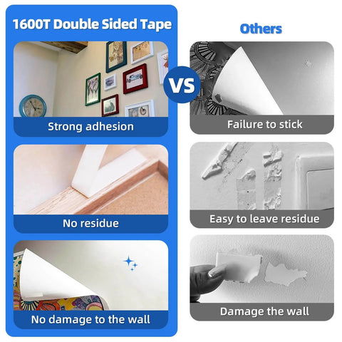 Comparison of Heavy Duty Double Sided Tape 2 Inch By 16.5 Feet Removable No Residue PE Foam Mounting Tape and regular tape highlighting adhesion and residue.