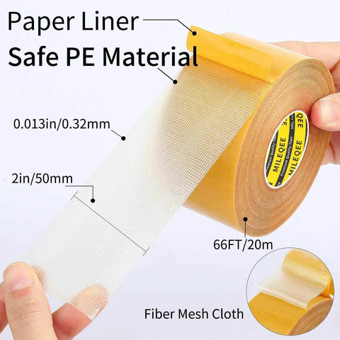 Heavy Duty Double Sided Mounting Tape 2 Inch By 66 Feet With Fiberglass Mesh, ultra sticky clear adhesive, showing tape roll and texture