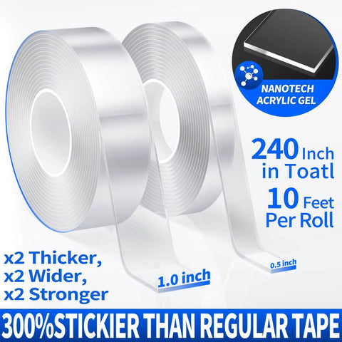 Heavy Duty Double Sided Tape 2 Roll Pack, Total 20 Feet, Removable Nano Tape For Walls, Carpets, Posters And Pictures, Outdoor Friendly Mounting Tape With Instant Bonding, Cut To Any Size, No Tools Required