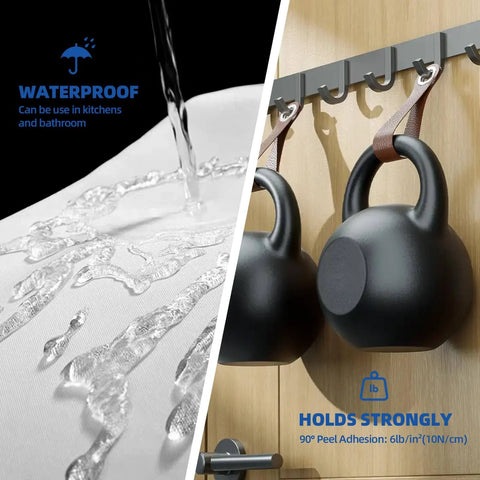 Heavy Duty Double Sided Tape 2 Inch By 16.5 Feet Removable No Residue PE Foam Mounting Tape holding kettlebells and showing waterproof feature.