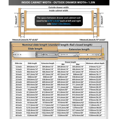 Diagram showing dimensions and installation instructions for Heavy Duty Drawer Slides with Lock 12 14 16 18 20 22 24 26 28 30 32 34 36 38 40 44 48 52 56 60 Inch Full Extension Side Mount Ball Bearing Locking Rails Track Glides Runners Load 300 Lbs 1 Pair.