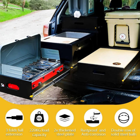 Heavy Duty Drawer Slides with Lock 12 to 60 Inch full extension in a truck bed showcasing lockable side-mount ball bearing rails.