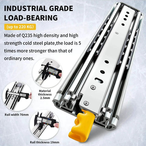 Close-up of industrial-grade heavy duty drawer slides with lock, highlighting material thickness and load capacity details.