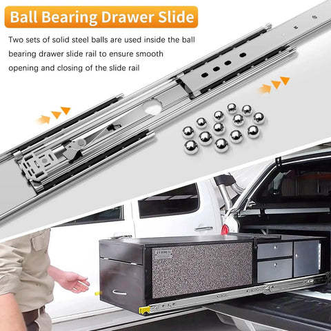 Heavy Duty Drawer Slides With Lock Full Extension Ball Bearing Rails 500 Lb Load Capacity installed in truck storage
