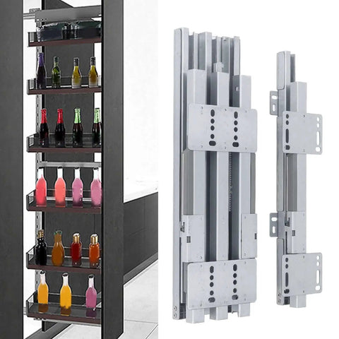 Bottom Mount Heavy Duty Drawer Slide With Pull Out Function for kitchen cabinets and closets, shown with installed wine rack.