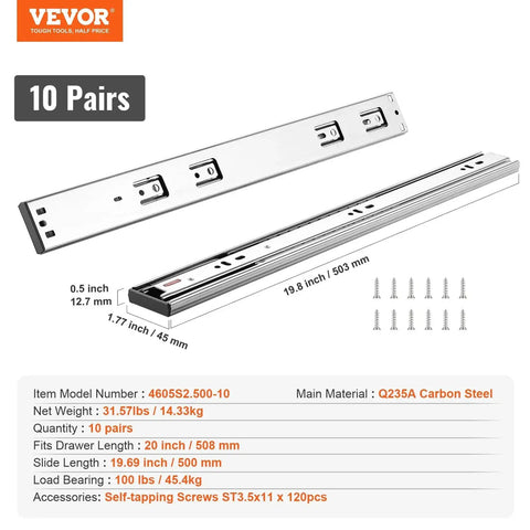 Image of Soft Close Drawer Slides Set With Heavy Duty Ball Bearing Full Extension Side Mount Rails For Dresser Drawers In 20 Inch Lengths.