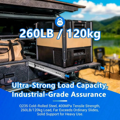 Locking Heavy Duty Drawer Slides for side mount shown mounted in an RV, highlighting 260 lb load capacity in outdoor setting.
