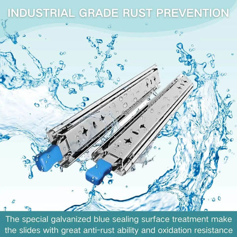1 Pair Heavy Duty Drawer Slides with Lock, rust-proof design with blue zinc finish, water backdrop, ball bearing system visible