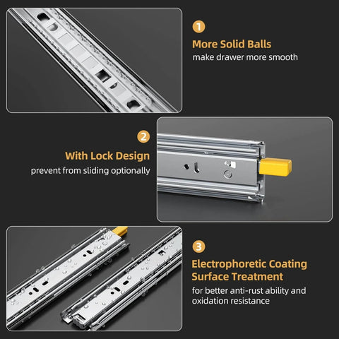 Illustration of 1 Pair Heavy Duty Drawer Slides [165 LB Capacity] with Lock Side Mount 16 Inch, showing solid balls, lock design, coating.