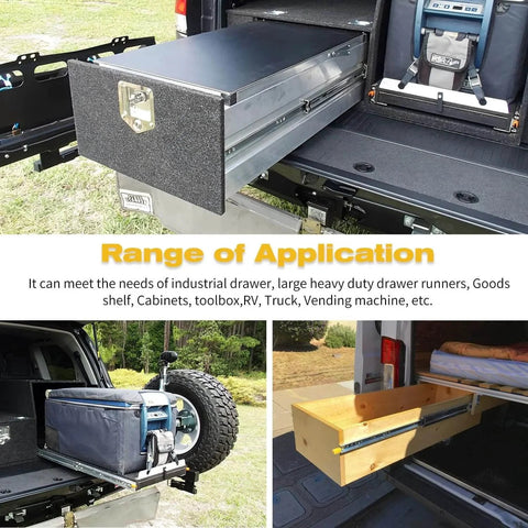 Heavy Duty Drawer Slides with Lock 12 14 16 18 20 22 24 26 28 30 32 34 36 38 40 44 48 52 56 60 Inch Full Extension Side Mount Ball Bearing Locking Rails Track Glides Runners Load 300 Lbs 1 Pair shown on industrial and RV cabinets