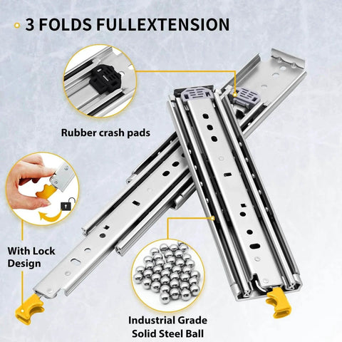 Heavy Duty Drawer Slides with Lock 12 14 16 18 20 22 24 26 28 30 32 34 36 38 40 44 48 52 56 60 Inch Full Extension Side Mount Ball Bearing Locking Rails Track Glides Runners Load 300 Lbs 1 Pair showing three-fold extension and rubber pads