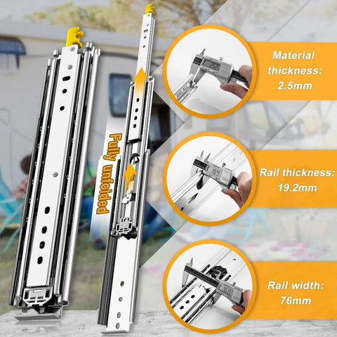 Heavy Duty Drawer Slides With Lock Full Extension Ball Bearing Rails 500 Lb Load Capacity in front of RV, material features highlighted