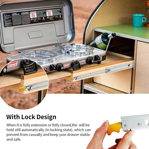 Heavy Duty Drawer Slides with Lock 12 14 16 18 20 22 24 26 28 30 32 34 36 38 40 44 48 52 56 60 Inch Full Extension Side Mount Ball Bearing Locking Rails Track Glides Runners Load 300 Lbs 1 Pair shown with locking mechanism in use, holding a kitchen drawer securely in place.