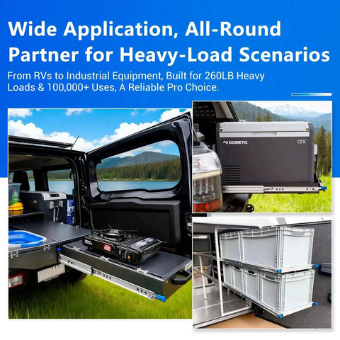 Locking Heavy Duty Drawer Slides For Side Mount Full Extension Ball Bearing in vehicle and cabinet applications