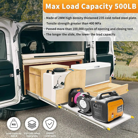 Heavy Duty Drawer Slides With Lock Full Extension Ball Bearing Rails 500 Lb Load Capacity installed in van storage