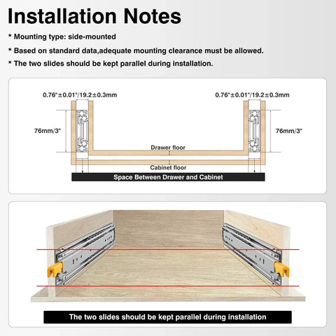 Diagram of installation for Heavy Duty Drawer Slides With Lock Full Extension Ball Bearing Rails 500 Lb Load Capacity, side-mount.