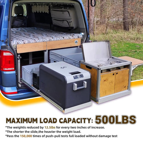 Heavy Duty Drawer Slides 500 Lb Capacity Full Extension Ball Bearing Side Mount Rails in van with kitchen setup