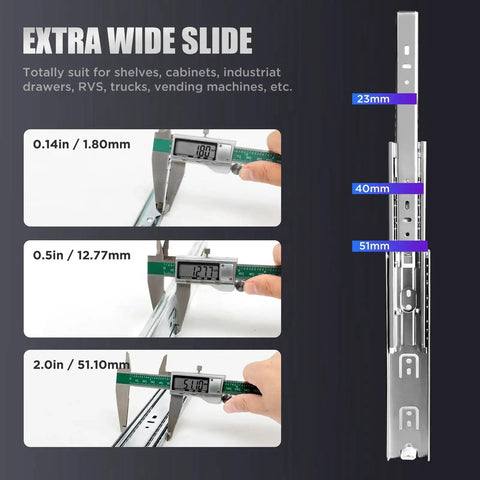 Heavy Duty Drawer Slides 180 Lb Capacity Full Extension Ball Bearing Rails measurements showing thickness and width with calipers.
