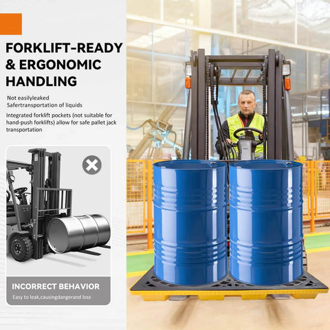Heavy Duty Modular 2 Drum Spill Pallet Workhorse For Forklift Access With 2000 Pound Capacity holding two blue drums on forklift