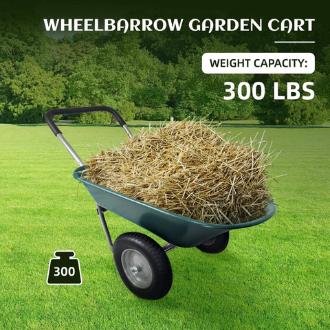 Heavy Duty Dual Wheel Garden Wheelbarrow Cart with Built In Stand holding straw, 300 lbs capacity, on grass