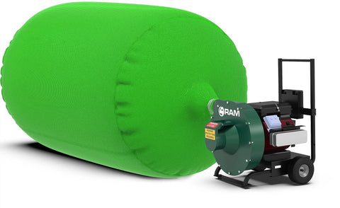 RAM Heavy Duty ECO+ insulation vacuum bag, 7 ft by 4 ft, bright green fabric attached to a RAM vacuum system.