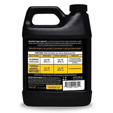 Back view of Heavy Duty Hyper Lubricant Engine Treatment For All Oils And Engines 32 Ounce Bottle Single Black with label instructions