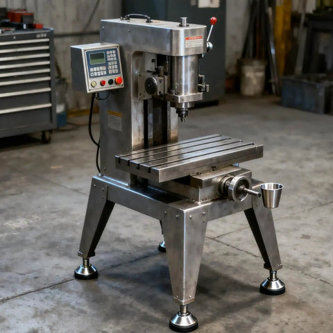 Industrial workshop setup with a silver milling machine and Built Tough Heavy Duty Leveler Leg For Cabinets And Workbenches visible on the base.
